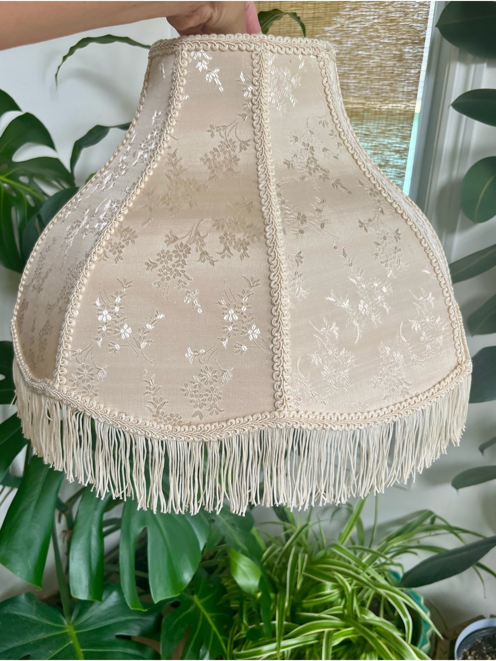 Large Fringed Lampshade - Vintage Victorian Style Creamy Floral